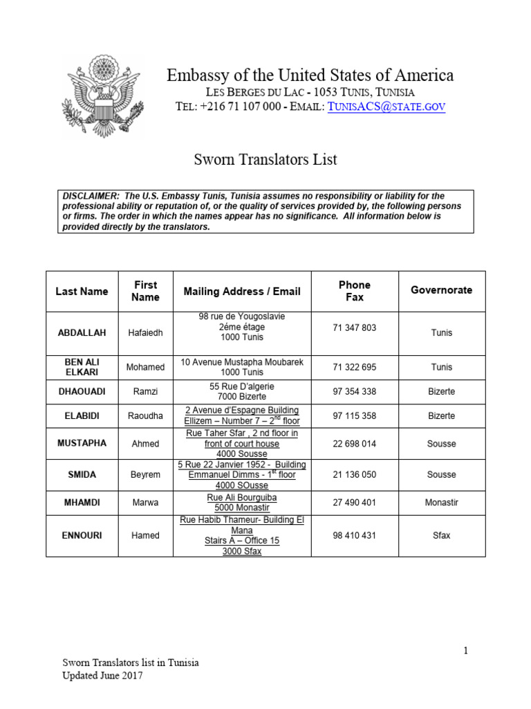 ACS 5 Sworn Translators PDF Tunisia North Africa