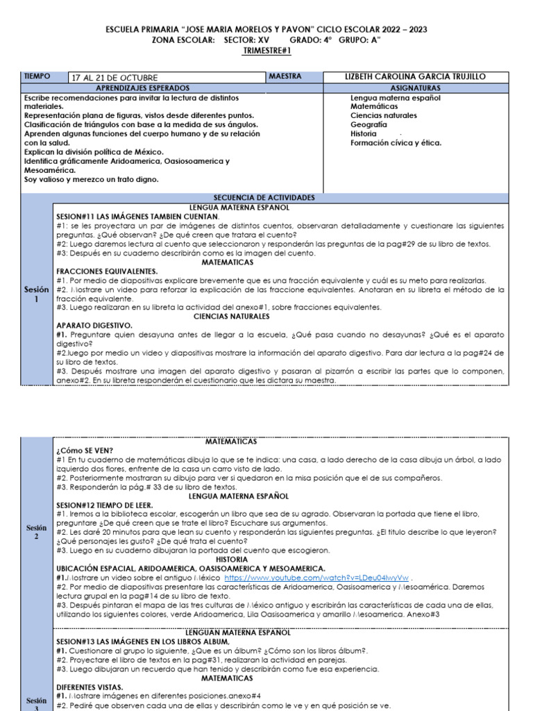 Plan de Clases 4° Grado Primaria 2022-2023 | PDF | Artes del Lenguaje y ...