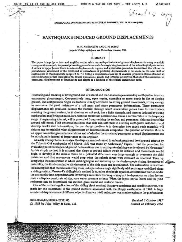 Ambraseys & Menu (1988) Earthquake Induced Ground Displacements | PDF