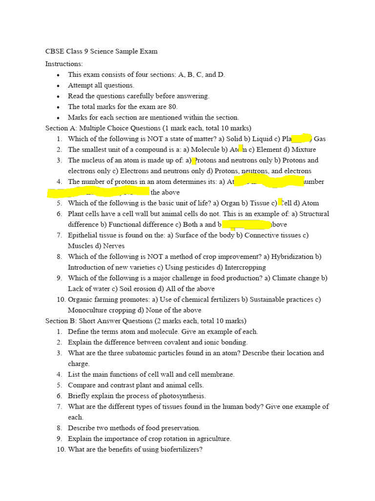 Class 9 Science Sample Exam Guide | PDF | Ion | Atoms