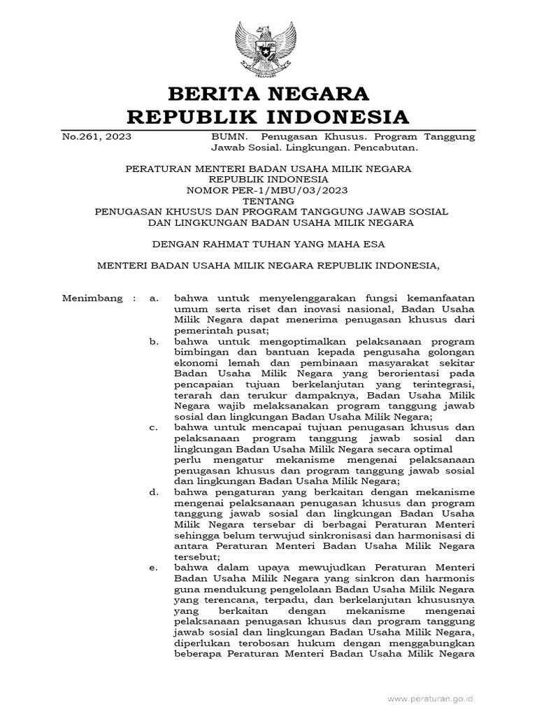 Permen Bumn No Per 1 Mbu 03 2023 Tahun 2023 Pdf