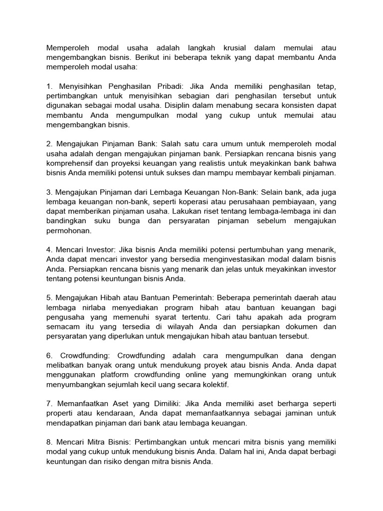Teknik Memperoleh Modal Usaha | PDF | Bisnis
