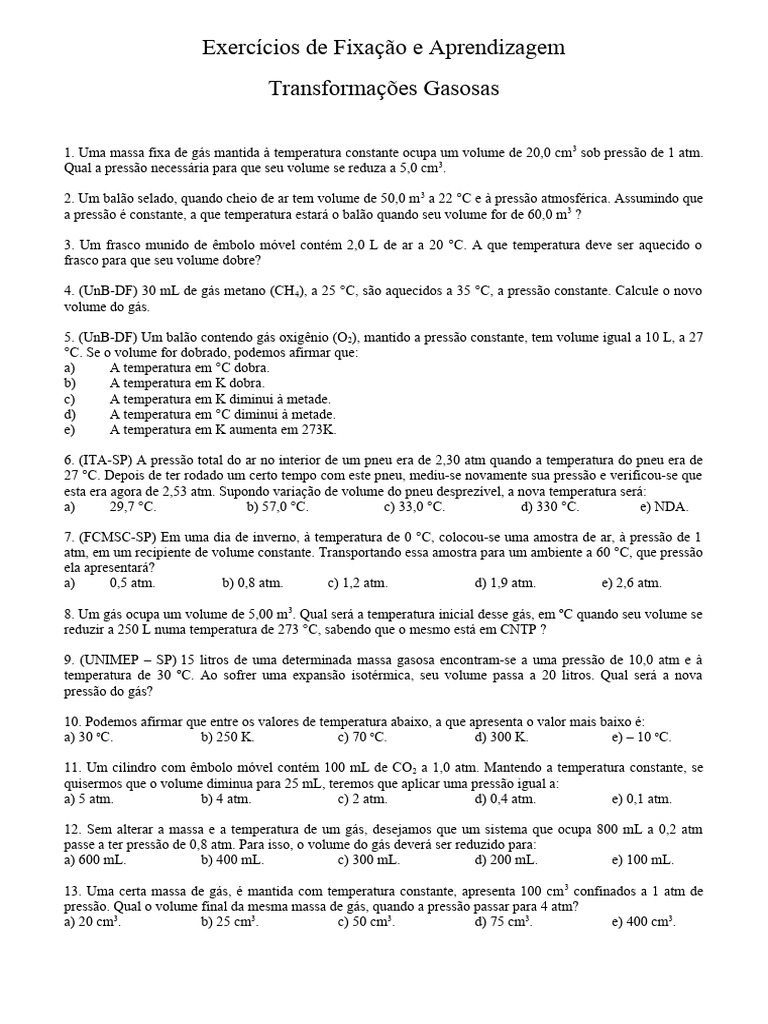 Exercícios sobre Transformações Gasosas | PDF | Gases | Temperatura