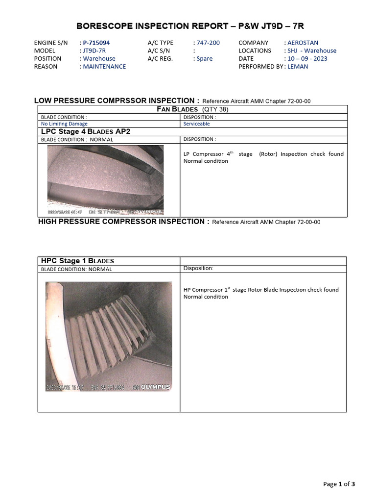 Engine Borescope Report Jt9d 7r SN p715094 PDF Turbine Mechanical Engineering