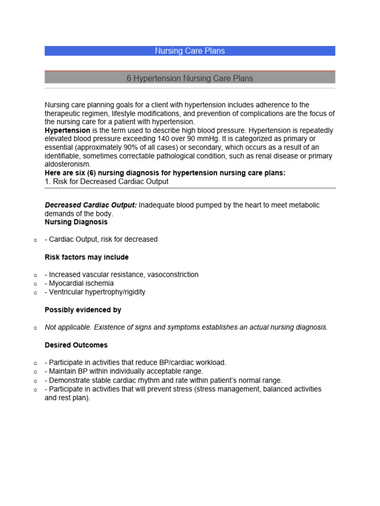 Nursing Care Plans for Hypertension | PDF | Hypertension | Blood Pressure
