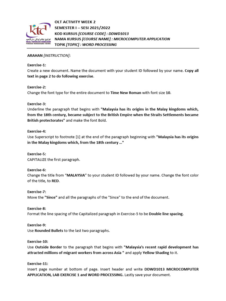 Word Processing Exercises for DDWD1013 | PDF | Malaysia | Asia