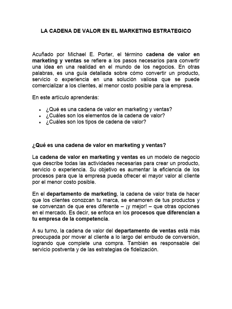 La Cadena de Valor en El Marketing Estrategico | PDF | Cadena de valor ...