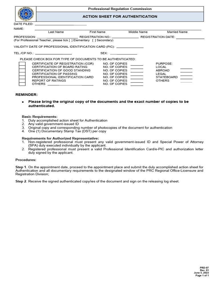 PRD-07 Rev 01 Action Sheet For Authentication | PDF