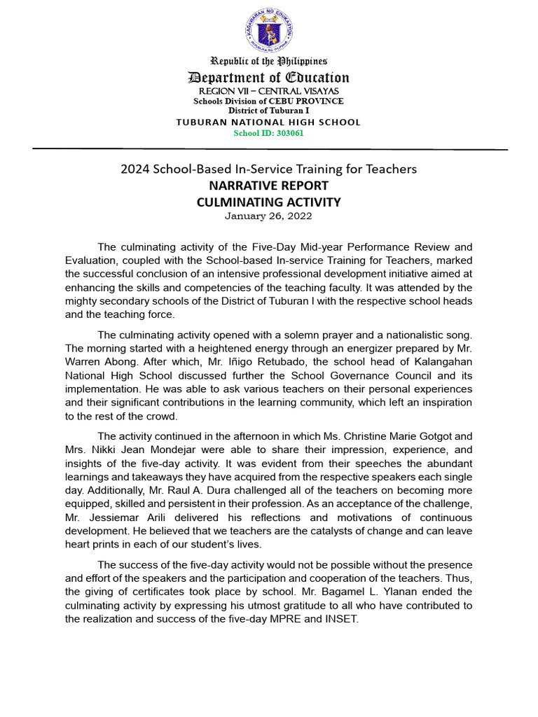 Tuburan NHS - Narrative Report - 5 | PDF | Teachers | Change