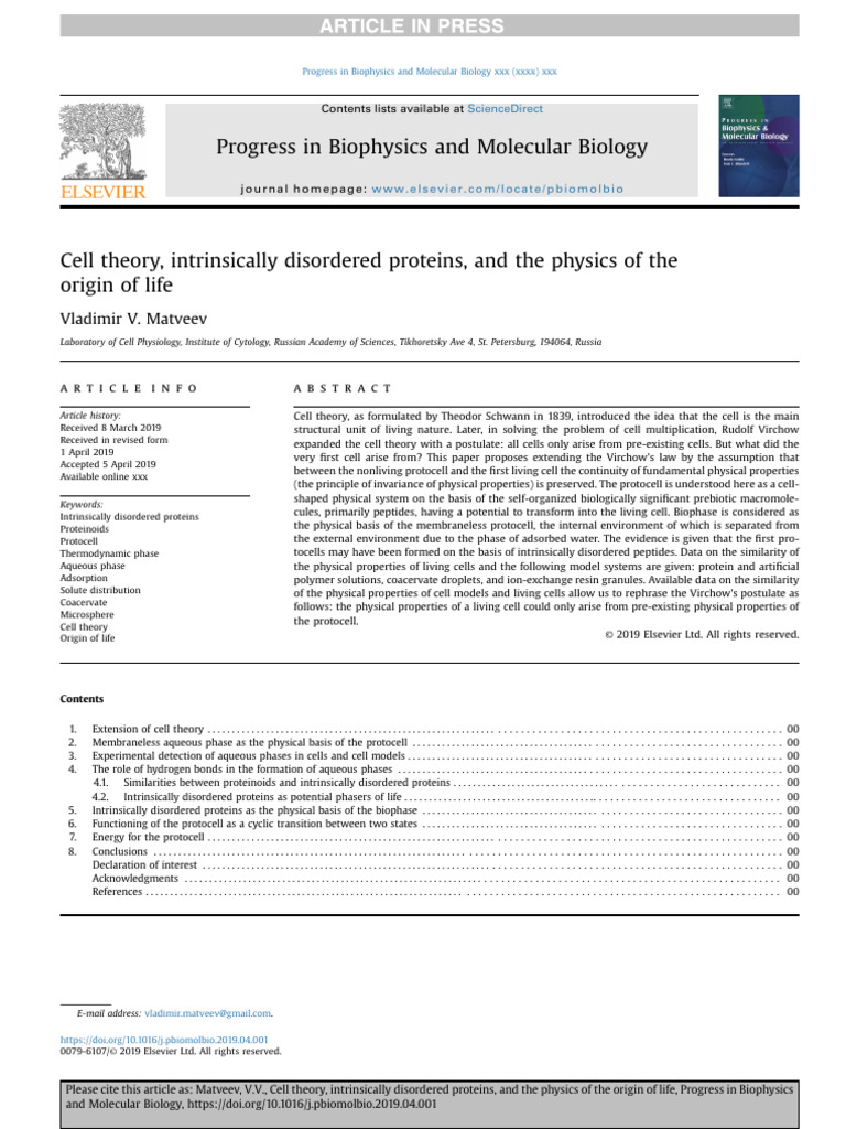 Cell Theory Intrinsically Disordered Proteins and The Physics of The ...
