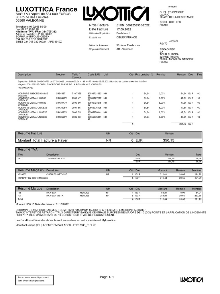 Facture Luxottica - Montures Ray-Ban | PDF | Facture | Taxe sur la ...