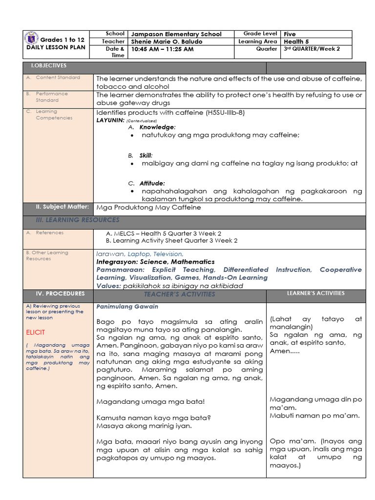 Corrected Grade 5 Health Week 2 Lesson Plan Pdf