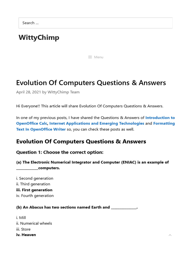 Evolution of Computers Questions & Answers - WittyChimp | PDF ...