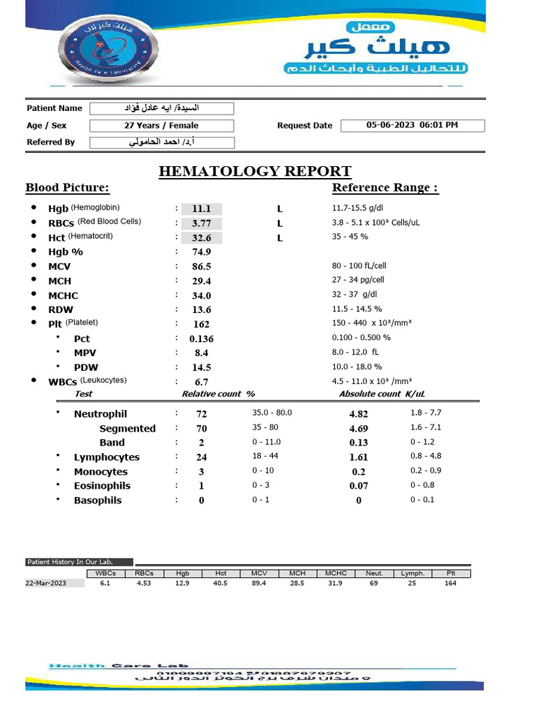 Hematology Report for 27-Year-Old Female | PDF