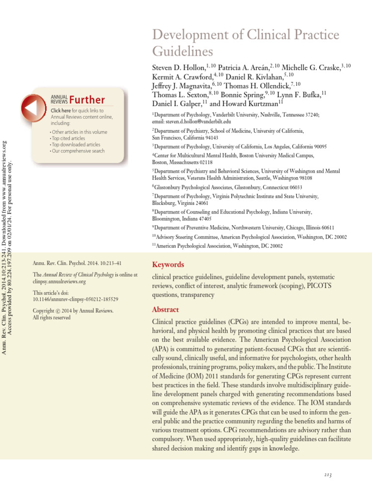 Hollon Et Al 2014 Development of Clinical Practice Guidelines | PDF ...