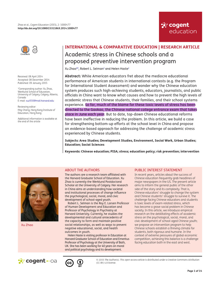 Academic Stress in Chinese SCH | PDF | Teachers | Curriculum