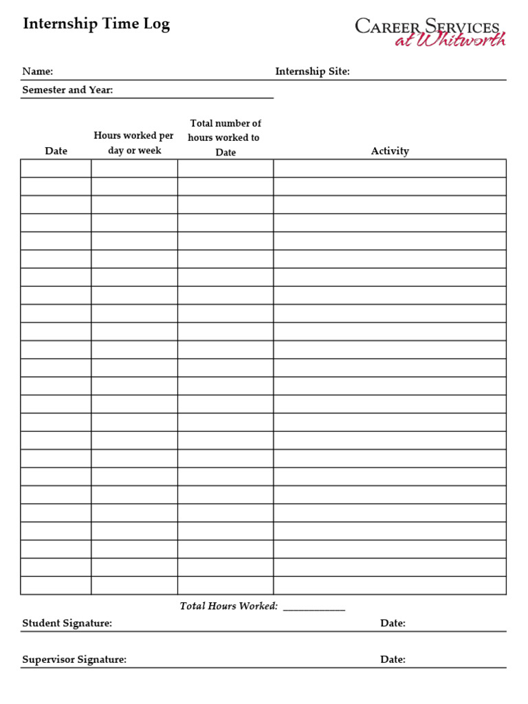 Internship time log hours worked per day or week total number of hours