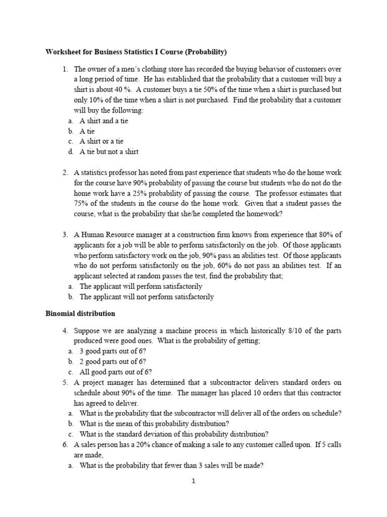 Worksheet for business statistics course pdf career growth business