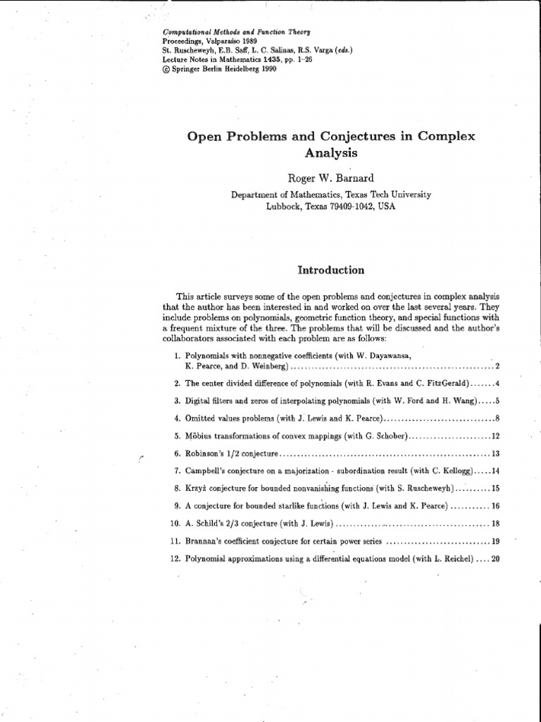 Open Problems Conjectures Complex Analysis | PDF