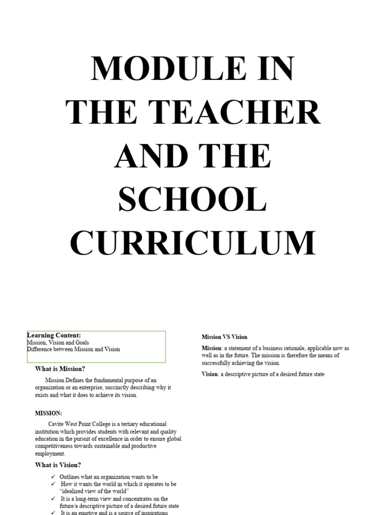 Teacher Mission, Vision, and Goals Explained | PDF | Curriculum | Teachers