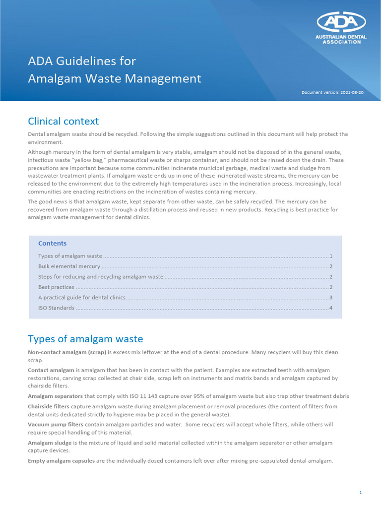 ADA Guidelines Amalgam Waste Management PDF Waste Filtration