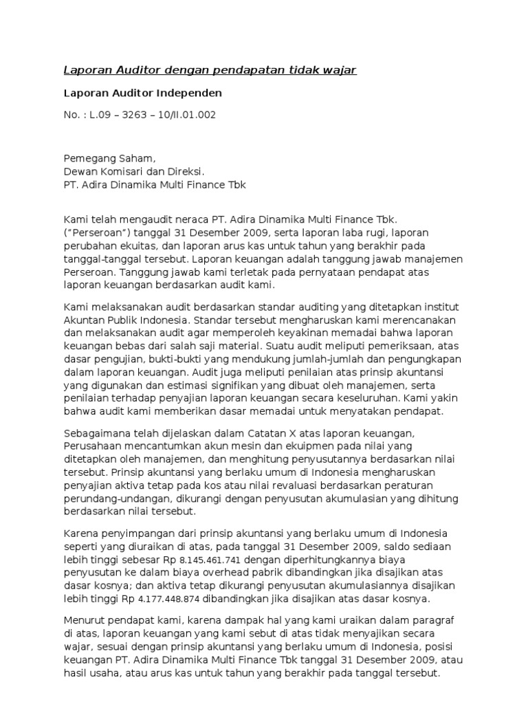 Laporan Auditor Dengan an Tidak Wajar