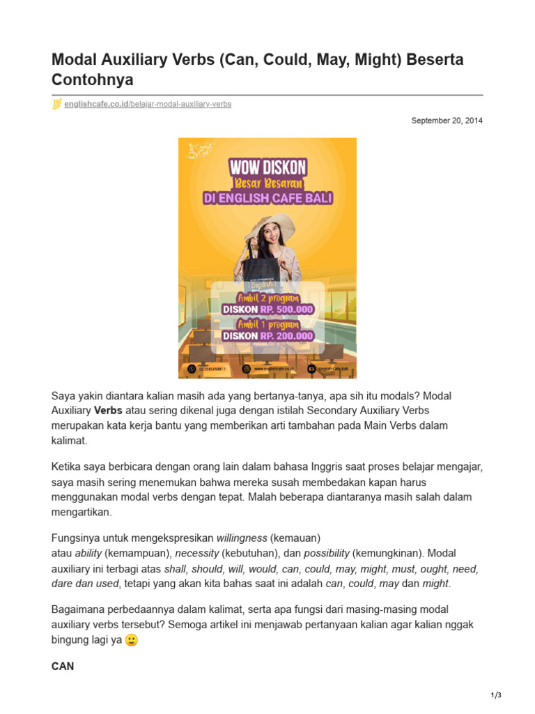 Englishcafe.co.IdModal Auxiliary Verbs Can Could May Might Beserta Contohnya PDF