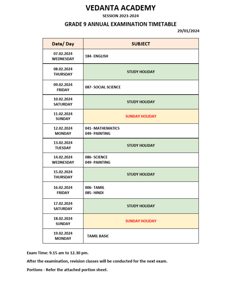 Grade 9 Annual Exam Timetable With Portions | PDF | Physics | Chemistry