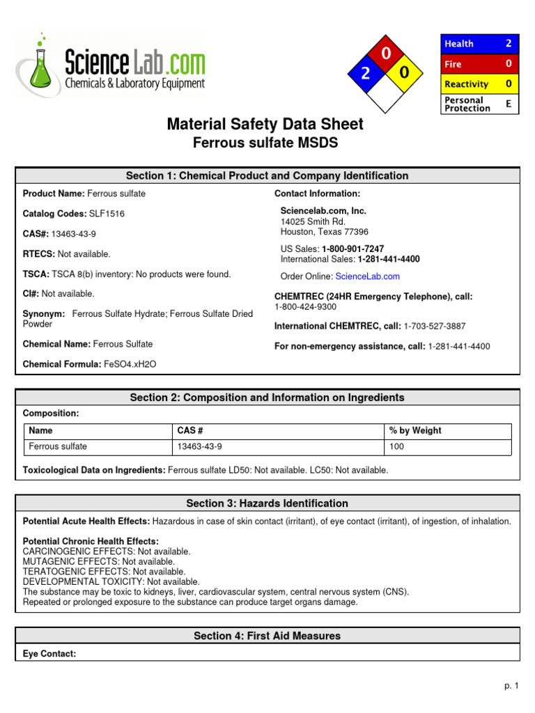 Material Safety Data Sheet Ferrous Sulfate Heptahydrate – WKTFRF