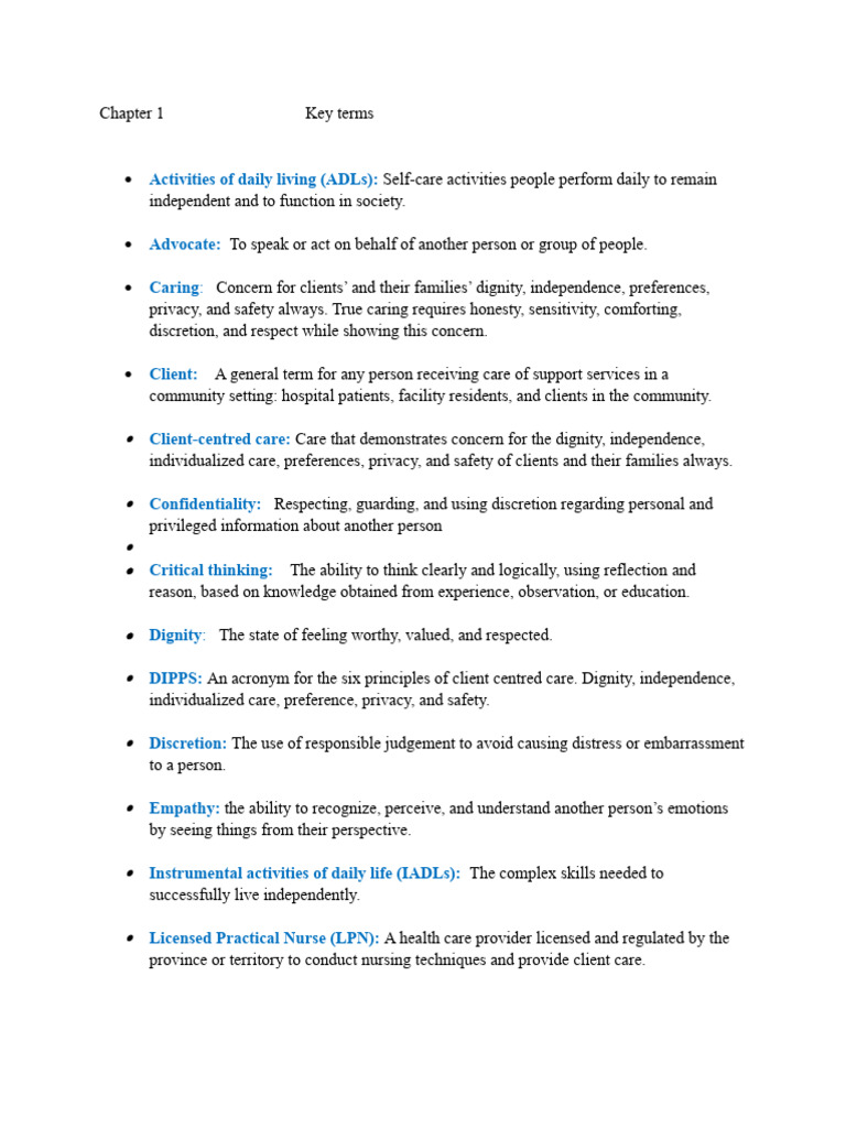 Chapter 1 Key Terms | PDF | Nursing | Health Care