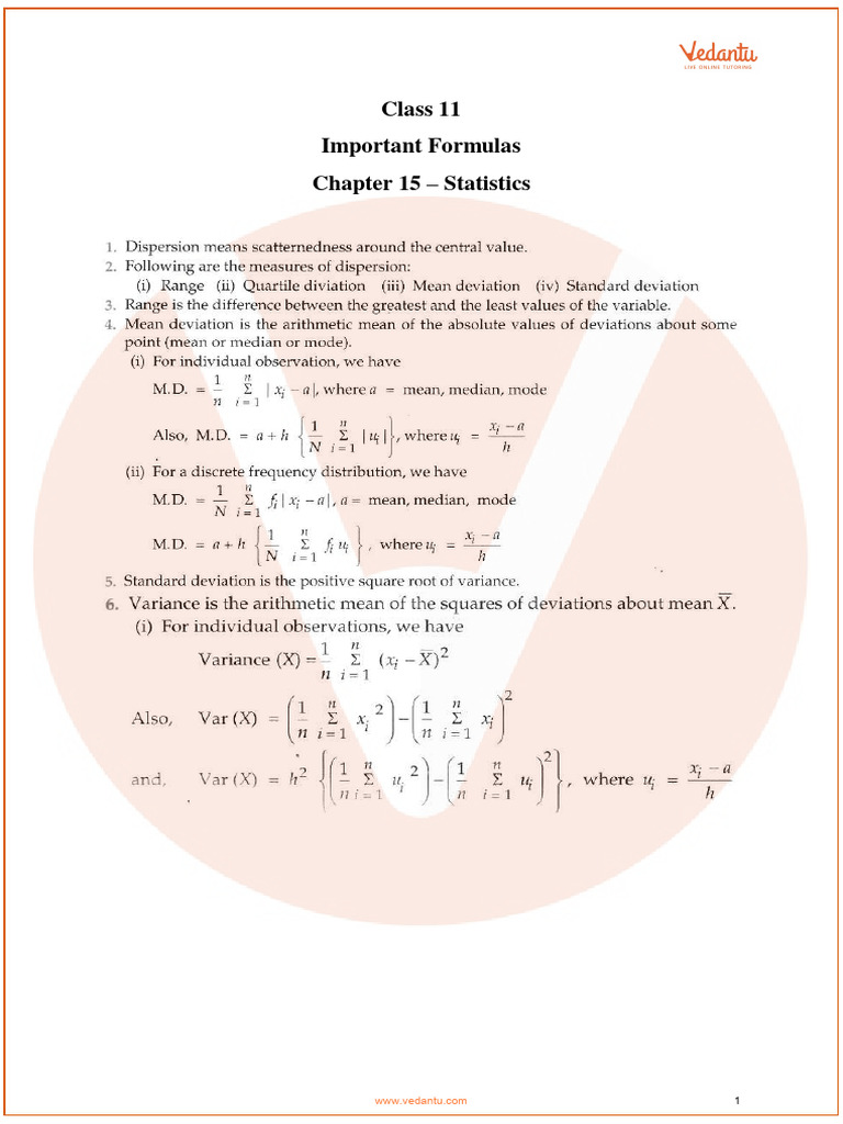 CBSE Class 11 Maths Chapter 15 - Statistics Formulas | PDF