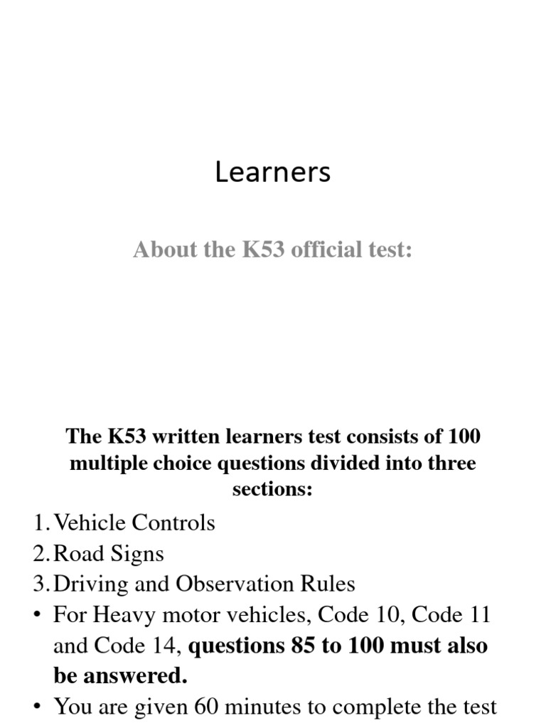 K53 Code 10 Learners Test Guide | PDF | Traffic | Road