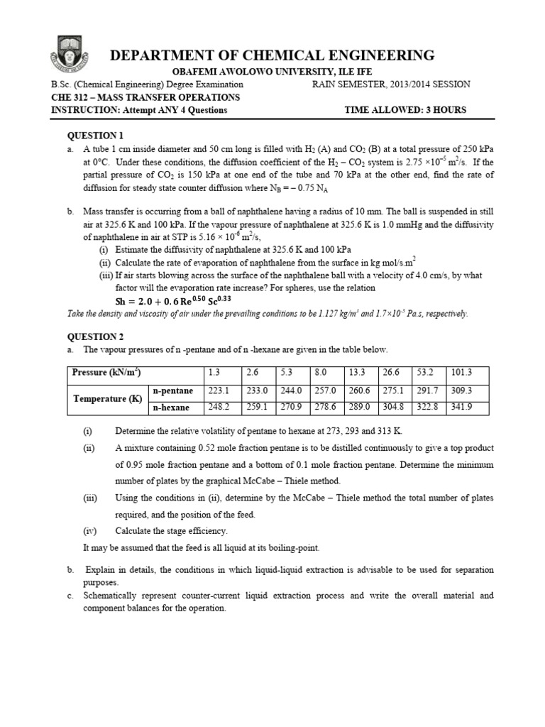 CHE 312: Mass Transfer Operations Exam | PDF | Humidity | Distillation