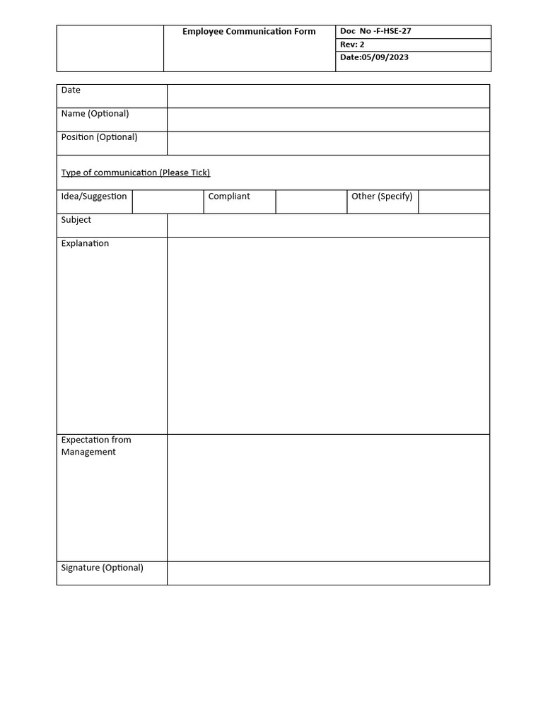 FHSE27 Employee Communication Form PDF