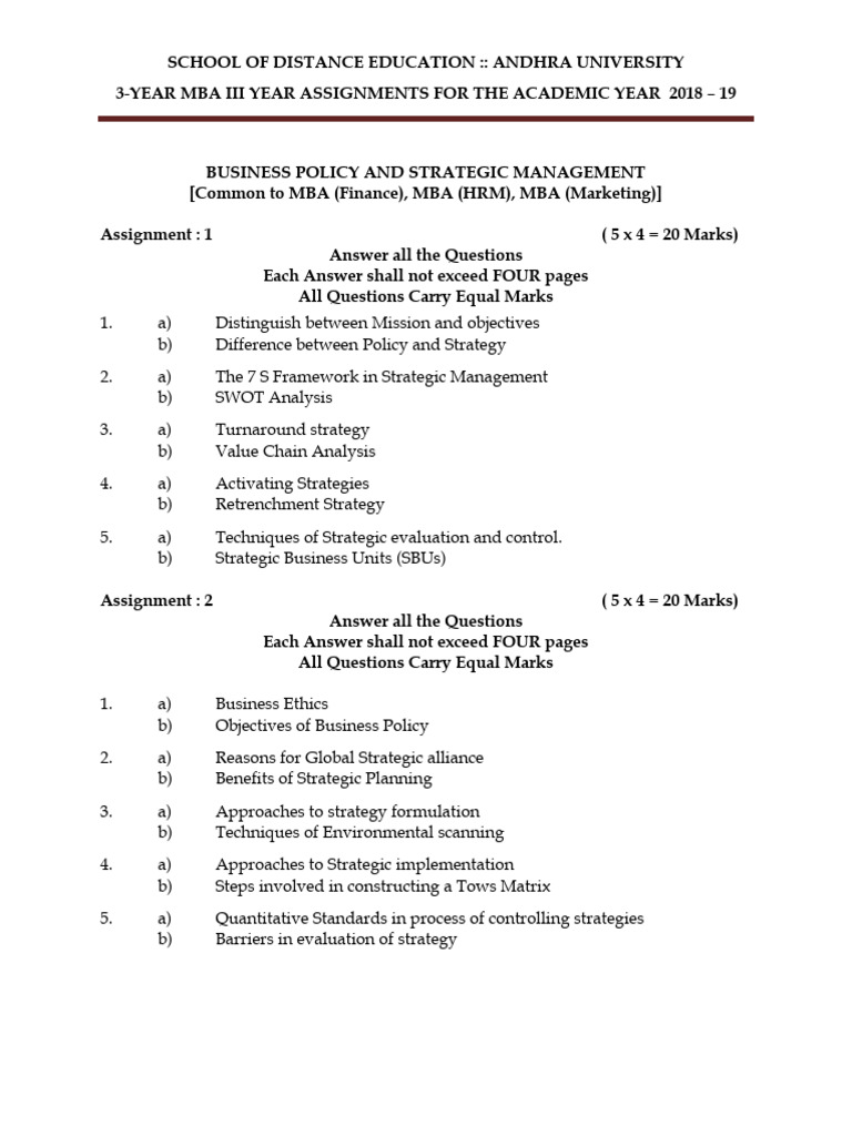 MBA Assignments 2018-19: Strategic Management & Marketing | PDF ...