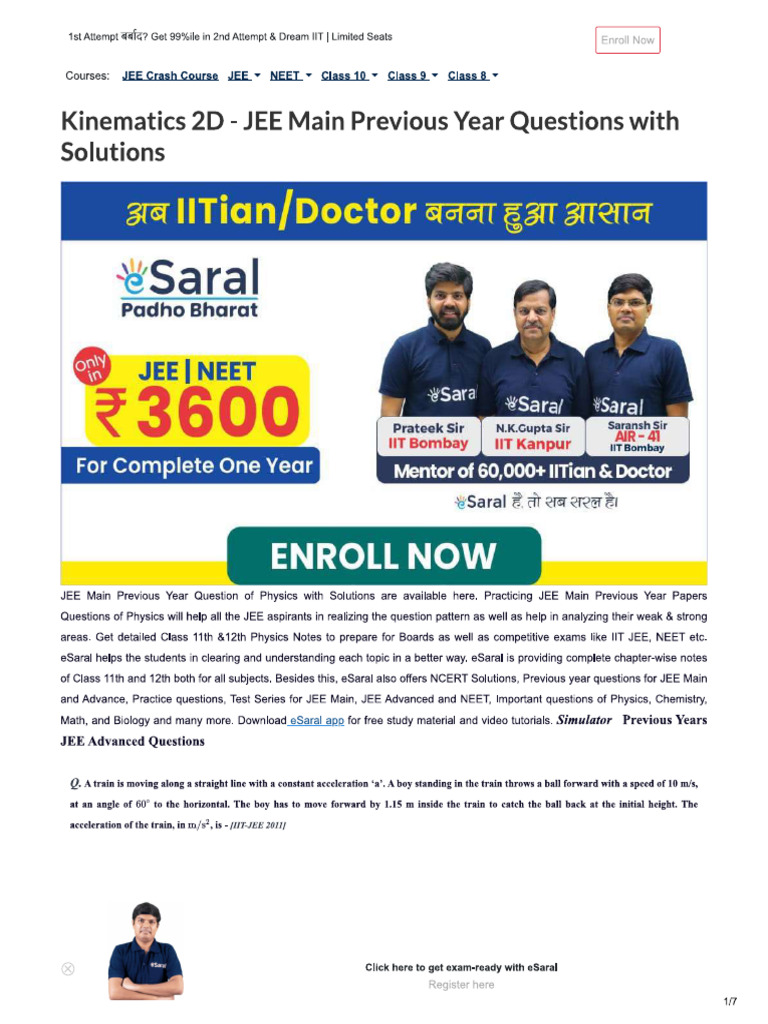 JEE Questions Kinematics 2D PDF