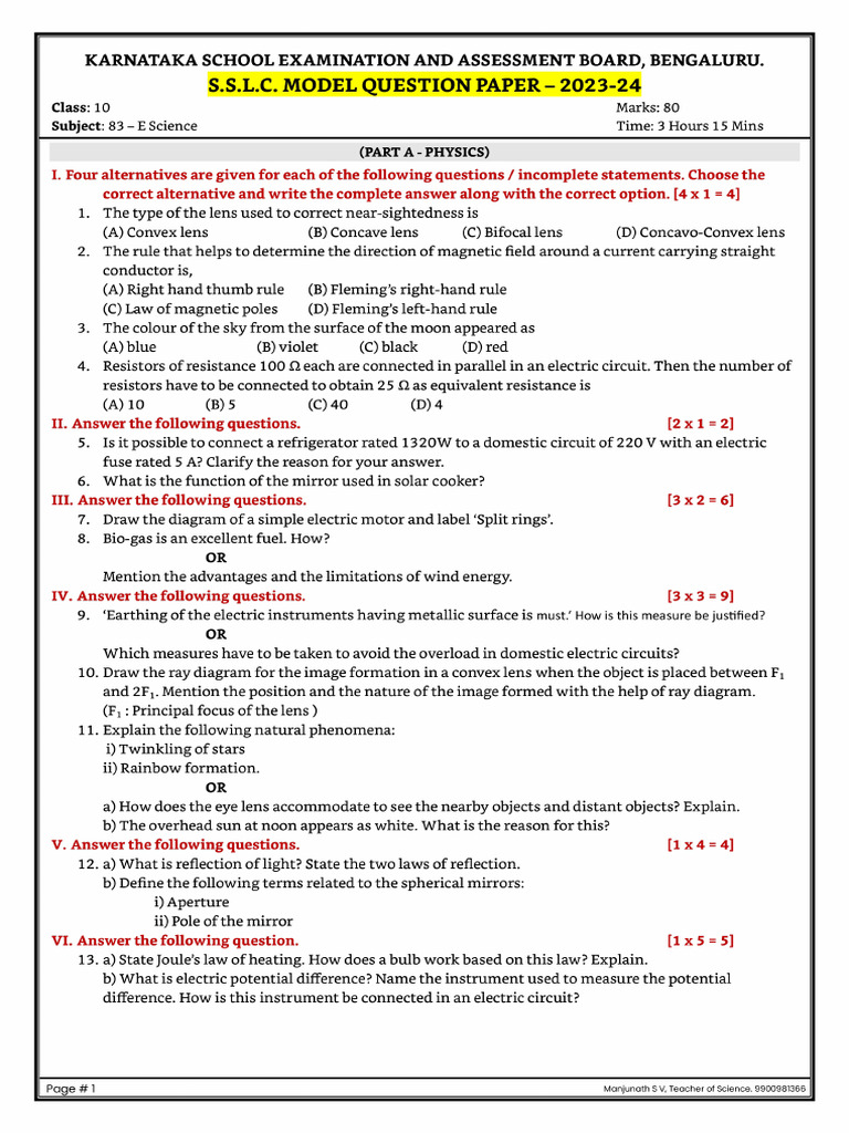 10th Science Model Paper by KSEAB 2024 - Final | PDF