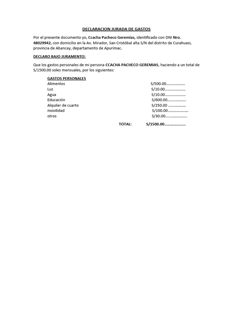 Declaración Jurada de Gastos e Ingresos | PDF