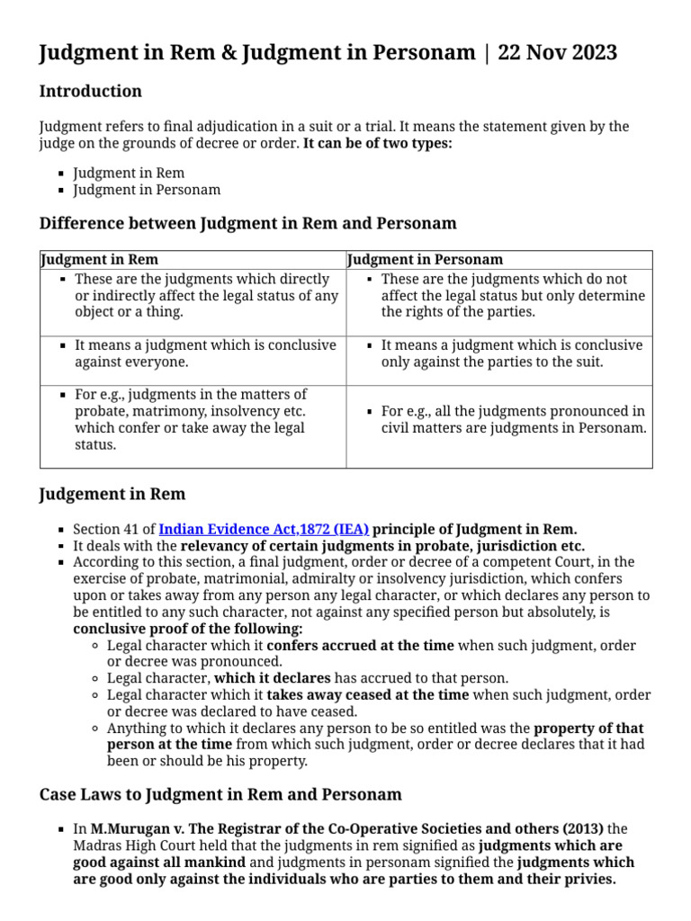 Judgment in Rem & Judgment in Personam PDF In Rem Jurisdiction