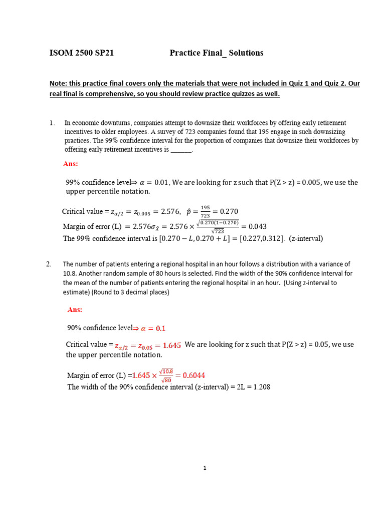 Practice Final Solutions for ISOM 2500 SP21 | PDF | Statistical ...