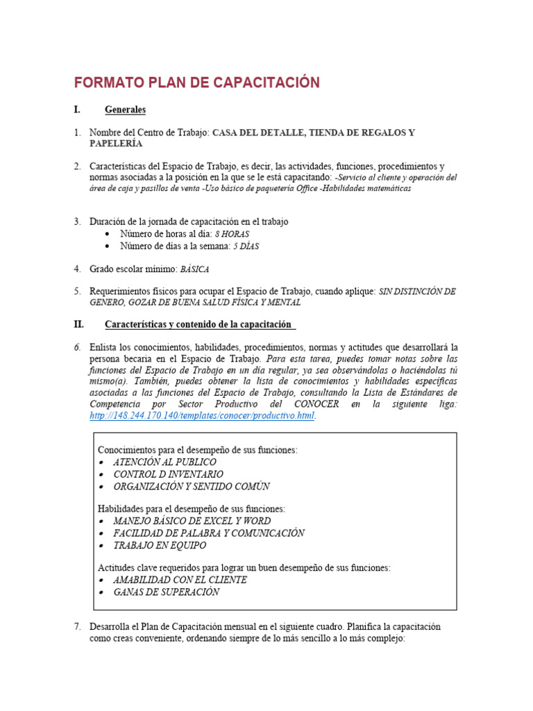 Plan de Capacitación en Casa del Detalle | PDF