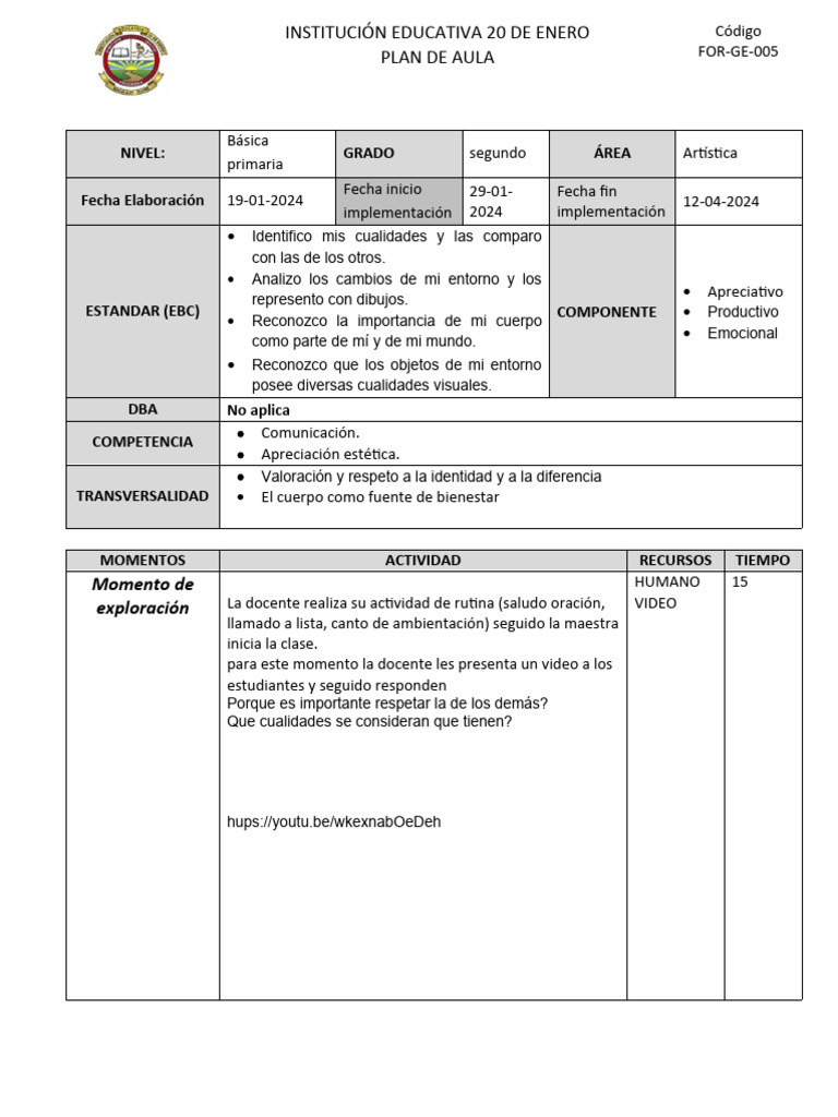 Plan de Clase de Artística para Segundo Grado | PDF | Salón de clases ...