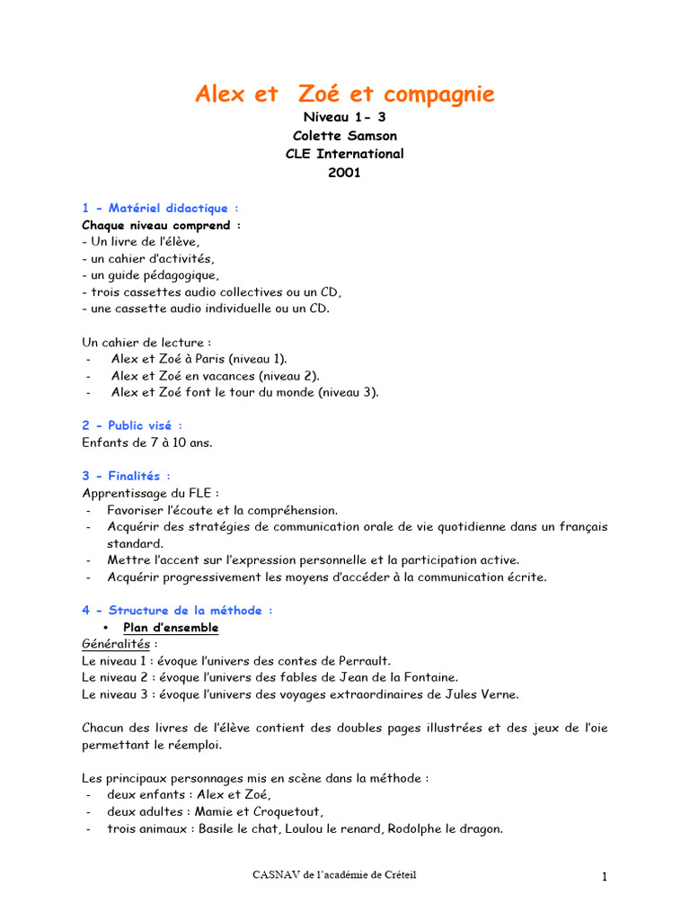 Guide pédagogique Alex et Zoé Niveau 1 | PDF | Fable | Communication ...