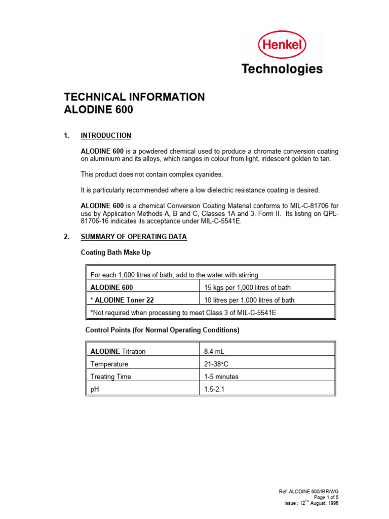 TDS Alodine 600 (169313) PDF Titration Chemistry — free download