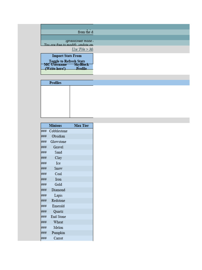 Hypixel Skyblock Minion Spreadsheet | PDF