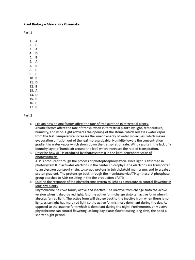 Plant Biology Test PDF