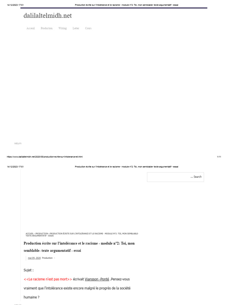 Production Écrite Sur L'intolérance Et Le Racisme - Module N°2 - Toi ...
