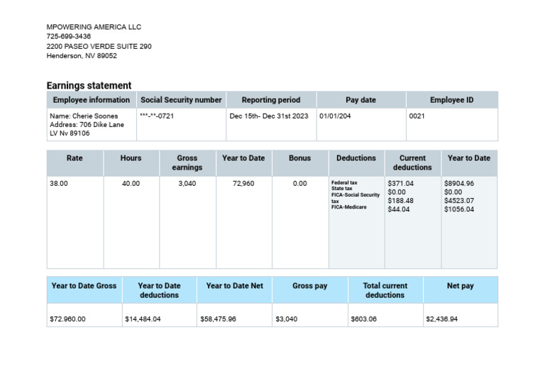 Employee Earnings Statement Summary | PDF