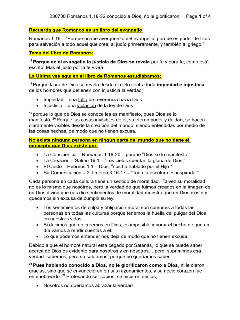 Romanos 1 18 32 conocido a dios no le glorificaron pdf jes s dios