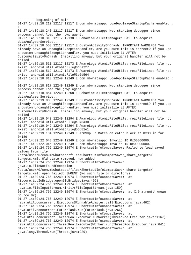 WhatsApp Error Log Analysis | PDF | Computer File | Java (Programming ...